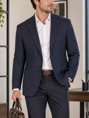 Strellson Men’s Check Blazer Wool Cotton Sport Coat Size 50R Tailored